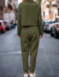 Hot Women's Fashion Streetwear Daily Shirt Chinos Long Sleeve Shirt Collar Plain Casual Daily Pink Green Khaki Fall Regular Fit Women Two Piece Sets
