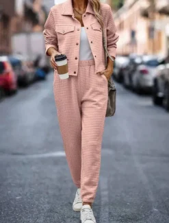 Hot Women's Fashion Streetwear Daily Shirt Chinos Long Sleeve Shirt Collar Plain Casual Daily Pink Green Khaki Fall Regular Fit Women Two Piece Sets