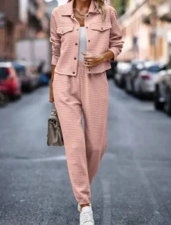 Hot Women's Fashion Streetwear Daily Shirt Chinos Long Sleeve Shirt Collar Plain Casual Daily Pink Green Khaki Fall Regular Fit Women Two Piece Sets