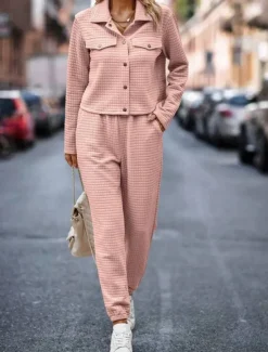 Hot Women's Fashion Streetwear Daily Shirt Chinos Long Sleeve Shirt Collar Plain Casual Daily Pink Green Khaki Fall Regular Fit Women Two Piece Sets