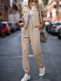 Hot Women's Fashion Streetwear Daily Shirt Chinos Long Sleeve Shirt Collar Plain Casual Daily Pink Green Khaki Fall Regular Fit Women Two Piece Sets