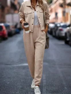 Hot Women's Fashion Streetwear Daily Shirt Chinos Long Sleeve Shirt Collar Plain Casual Daily Pink Green Khaki Fall Regular Fit Women Two Piece Sets