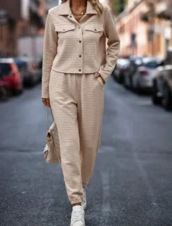Hot Women's Fashion Streetwear Daily Shirt Chinos Long Sleeve Shirt Collar Plain Casual Daily Pink Green Khaki Fall Regular Fit Women Two Piece Sets