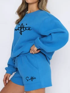 Discount Women's Fashion Streetwear Daily Sweatshirt Sweat Shorts Long Sleeve Crew Neck Plain Drawstring Print Casual Daily Black White Blue Fall Regular Fit Women Two Piece Sets