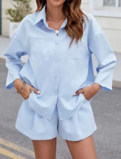 New Women's Fashion Streetwear Daily Shirt Baggy Shorts Long Sleeve Shirt Collar Plain Casual Daily Black Sky Blue Green Spring & Fall Regular Fit Women Two Piece Sets