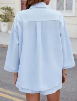 New Women's Fashion Streetwear Daily Shirt Baggy Shorts Long Sleeve Shirt Collar Plain Casual Daily Black Sky Blue Green Spring & Fall Regular Fit Women Two Piece Sets