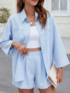 New Women's Fashion Streetwear Daily Shirt Baggy Shorts Long Sleeve Shirt Collar Plain Casual Daily Black Sky Blue Green Spring & Fall Regular Fit Women Two Piece Sets