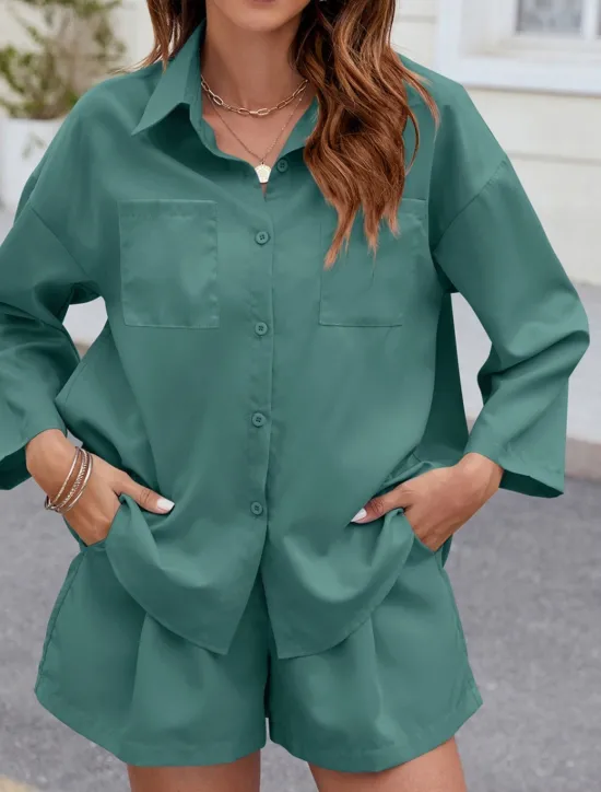 New Women's Fashion Streetwear Daily Shirt Baggy Shorts Long Sleeve Shirt Collar Plain Casual Daily Black Sky Blue Green Spring & Fall Regular Fit Women Two Piece Sets