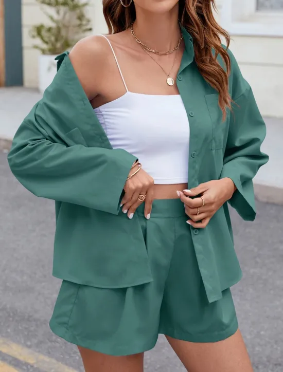 New Women's Fashion Streetwear Daily Shirt Baggy Shorts Long Sleeve Shirt Collar Plain Casual Daily Black Sky Blue Green Spring & Fall Regular Fit Women Two Piece Sets