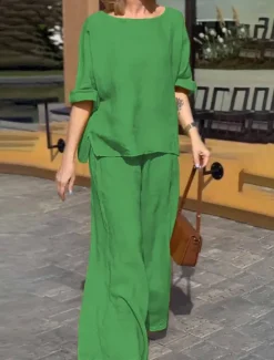 Online Women's Fashion Streetwear Daily Shirt Blouse Wide Leg Pants Long Sleeve Crew Neck Plain Casual Daily Yellow Blue Green Spring & Fall Regular Fit Women Two Piece Sets