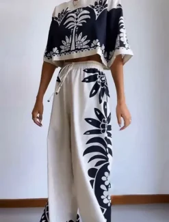 Online Women's Fashion Streetwear Daily Blouse Wide Leg Pants 3/4 Length Sleeve Crew Neck Floral Drawstring Casual Daily Spring & Fall Regular Fit Women Two Piece Sets