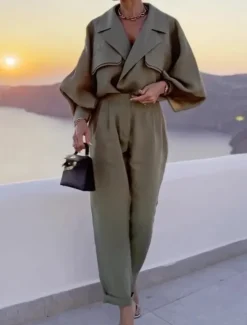 New Women's Fashion Streetwear Daily Shirt Wide Leg Pants Long Sleeve Shirt Collar Plain Formal Office Fall Regular Fit Women Two Piece Sets
