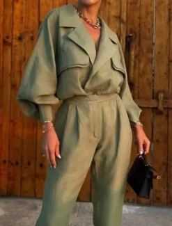 New Women's Fashion Streetwear Daily Shirt Wide Leg Pants Long Sleeve Shirt Collar Plain Formal Office Fall Regular Fit Women Two Piece Sets