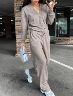 Best Women's Fashion Streetwear Daily Pants Sets Long Sleeve V Neck Plain Casual Daily Black Army Green Blue Fall Regular Fit Women Two Piece Sets