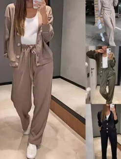 Best Women's Fashion Streetwear Daily Pants Sets Long Sleeve V Neck Plain Casual Daily Black Army Green Blue Fall Regular Fit Women Two Piece Sets