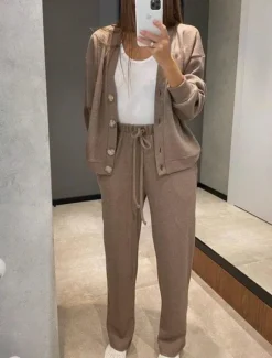 Best Women's Fashion Streetwear Daily Pants Sets Long Sleeve V Neck Plain Casual Daily Black Army Green Blue Fall Regular Fit Women Two Piece Sets