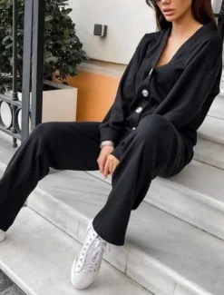 Best Women's Fashion Streetwear Daily Pants Sets Long Sleeve V Neck Plain Casual Daily Black Army Green Blue Fall Regular Fit Women Two Piece Sets