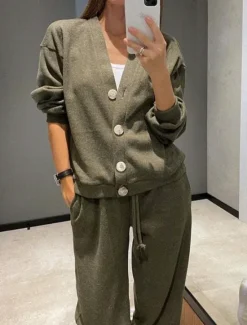 Best Women's Fashion Streetwear Daily Pants Sets Long Sleeve V Neck Plain Casual Daily Black Army Green Blue Fall Regular Fit Women Two Piece Sets