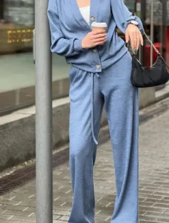 Best Women's Fashion Streetwear Daily Pants Sets Long Sleeve V Neck Plain Casual Daily Black Army Green Blue Fall Regular Fit Women Two Piece Sets
