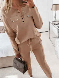 Online Women's Fashion Streetwear Daily Blouse Chinos Long Sleeve Crew Neck Plain Casual Daily Pink Brown Fall Regular Fit Women Two Piece Sets