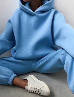 Hot Women's Fashion Streetwear Daily Hoodie Sweatpants Long Sleeve Hooded Plain Casual Daily White Blue Dark Gray Fall Regular Fit Women Two Piece Sets