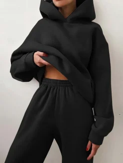 Hot Women's Fashion Streetwear Daily Hoodie Sweatpants Long Sleeve Hooded Plain Casual Daily White Blue Dark Gray Fall Regular Fit Women Two Piece Sets