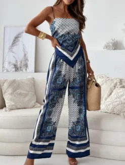 Outlet Women's Fashion Streetwear Daily Camisole Wide Leg Pants Sleeveless Strap Floral Color Block Print Casual Daily Blue Beige Summer Regular Fit Women Two Piece Sets