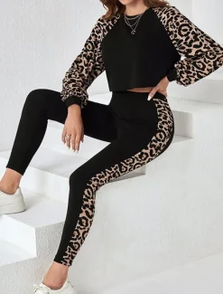 Sale Women's Fashion Streetwear Daily Sweatshirt Chinos Long Sleeve Crew Neck Leopard Print Casual Daily Fall Regular Fit Women Two Piece Sets