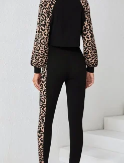 Sale Women's Fashion Streetwear Daily Sweatshirt Chinos Long Sleeve Crew Neck Leopard Print Casual Daily Fall Regular Fit Women Two Piece Sets