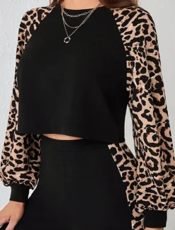 Sale Women's Fashion Streetwear Daily Sweatshirt Chinos Long Sleeve Crew Neck Leopard Print Casual Daily Fall Regular Fit Women Two Piece Sets