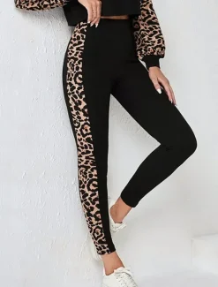 Sale Women's Fashion Streetwear Daily Sweatshirt Chinos Long Sleeve Crew Neck Leopard Print Casual Daily Fall Regular Fit Women Two Piece Sets