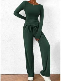 Discount Women's Fashion Streetwear Daily Pants Sets Long Sleeve Crew Neck Plain Casual Daily Black Red Dark Green Summer Regular Fit Women Two Piece Sets