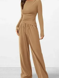 Discount Women's Fashion Streetwear Daily Pants Sets Long Sleeve Crew Neck Plain Casual Daily Black Red Dark Green Summer Regular Fit Women Two Piece Sets