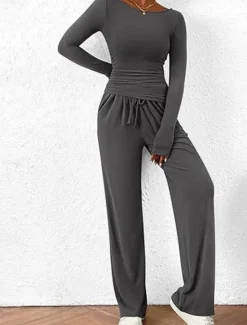 Discount Women's Fashion Streetwear Daily Pants Sets Long Sleeve Crew Neck Plain Casual Daily Black Red Dark Green Summer Regular Fit Women Two Piece Sets