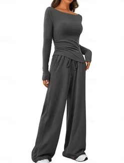 Discount Women's Fashion Streetwear Daily Pants Sets Long Sleeve Crew Neck Plain Casual Daily Black Red Dark Green Summer Regular Fit Women Two Piece Sets