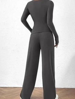 Discount Women's Fashion Streetwear Daily Pants Sets Long Sleeve Crew Neck Plain Casual Daily Black Red Dark Green Summer Regular Fit Women Two Piece Sets