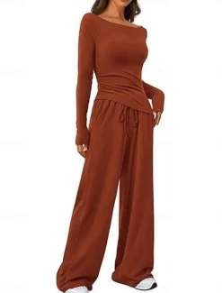 Discount Women's Fashion Streetwear Daily Pants Sets Long Sleeve Crew Neck Plain Casual Daily Black Red Dark Green Summer Regular Fit Women Two Piece Sets