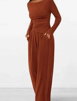 Discount Women's Fashion Streetwear Daily Pants Sets Long Sleeve Crew Neck Plain Casual Daily Black Red Dark Green Summer Regular Fit Women Two Piece Sets