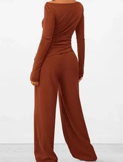 Discount Women's Fashion Streetwear Daily Pants Sets Long Sleeve Crew Neck Plain Casual Daily Black Red Dark Green Summer Regular Fit Women Two Piece Sets