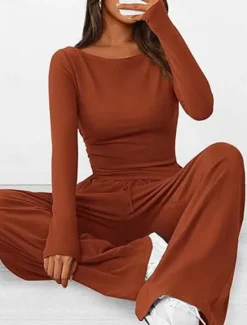 Discount Women's Fashion Streetwear Daily Pants Sets Long Sleeve Crew Neck Plain Casual Daily Black Red Dark Green Summer Regular Fit Women Two Piece Sets