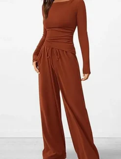 Discount Women's Fashion Streetwear Daily Pants Sets Long Sleeve Crew Neck Plain Casual Daily Black Red Dark Green Summer Regular Fit Women Two Piece Sets