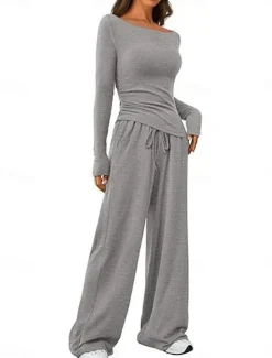 Discount Women's Fashion Streetwear Daily Pants Sets Long Sleeve Crew Neck Plain Casual Daily Black Red Dark Green Summer Regular Fit Women Two Piece Sets