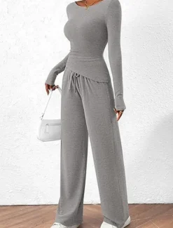 Discount Women's Fashion Streetwear Daily Pants Sets Long Sleeve Crew Neck Plain Casual Daily Black Red Dark Green Summer Regular Fit Women Two Piece Sets