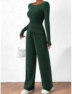 Discount Women's Fashion Streetwear Daily Pants Sets Long Sleeve Crew Neck Plain Casual Daily Black Red Dark Green Summer Regular Fit Women Two Piece Sets