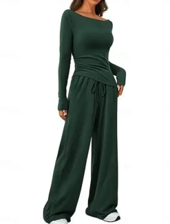 Discount Women's Fashion Streetwear Daily Pants Sets Long Sleeve Crew Neck Plain Casual Daily Black Red Dark Green Summer Regular Fit Women Two Piece Sets