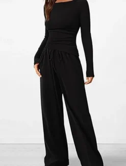 Discount Women's Fashion Streetwear Daily Pants Sets Long Sleeve Crew Neck Plain Casual Daily Black Red Dark Green Summer Regular Fit Women Two Piece Sets