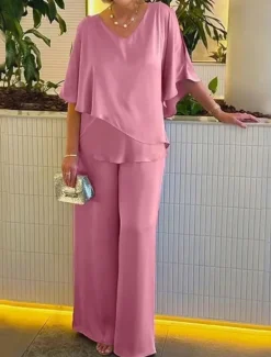 Discount Women's Fashion Streetwear Daily Blouse Wide Leg Pants 3/4 Length Sleeve V Neck Plain Ruffle Casual Daily Pink Purple Khaki Spring & Fall Regular Fit Women Two Piece Sets