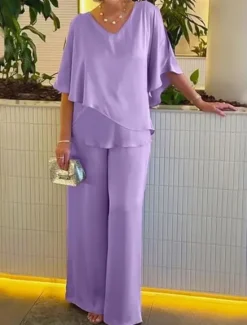 Discount Women's Fashion Streetwear Daily Blouse Wide Leg Pants 3/4 Length Sleeve V Neck Plain Ruffle Casual Daily Pink Purple Khaki Spring & Fall Regular Fit Women Two Piece Sets