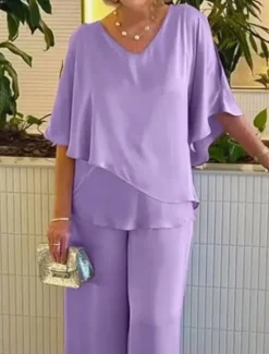 Discount Women's Fashion Streetwear Daily Blouse Wide Leg Pants 3/4 Length Sleeve V Neck Plain Ruffle Casual Daily Pink Purple Khaki Spring & Fall Regular Fit Women Two Piece Sets
