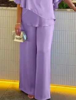 Discount Women's Fashion Streetwear Daily Blouse Wide Leg Pants 3/4 Length Sleeve V Neck Plain Ruffle Casual Daily Pink Purple Khaki Spring & Fall Regular Fit Women Two Piece Sets